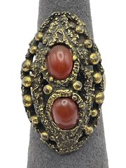 Copper Tone Red Lucite Acrylic Bead Coctail Ring Adjustable Size 6.5 BOHO Chunky
