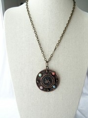 Vintage Copper Brass Faux Gemstone Knight Crest Shield Brooch Pendant Necklace