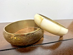 Vintage 1″ Brass Engraved Bangle & 1/2″ Bone And Brass Bangle Boho Chic Bracelet