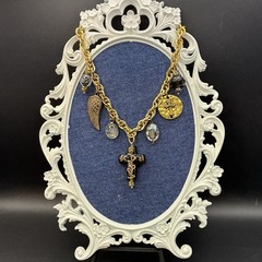 Vintage Brassy Bronzy Necklace & Charms of Mixed Metals: Cross, Angel Wing, OOAK