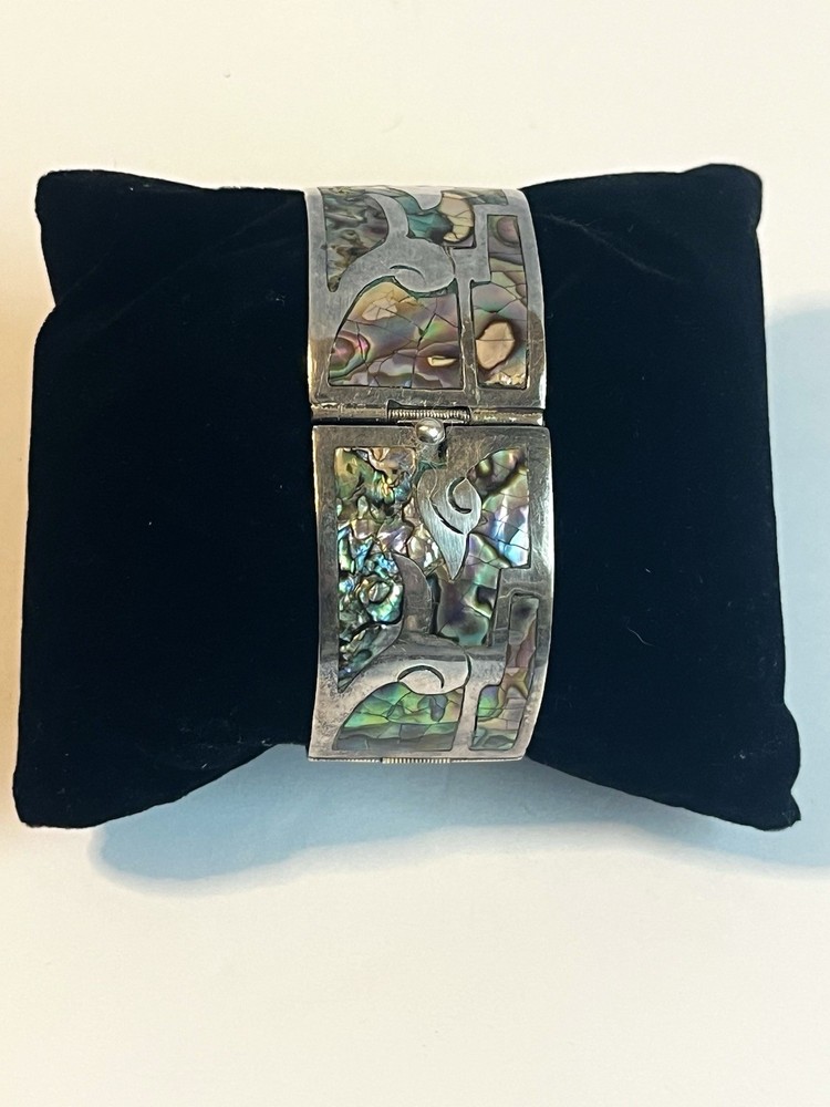 Vintage Mexican 925 Silver 1″ Sectional Hinged Abalone Cuff Bracelet 6.5 In
