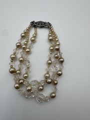 Vintage Bracelet 3 Strand Faux Pearls 7″ Box Clasp Rhinestone Dainty Fancy