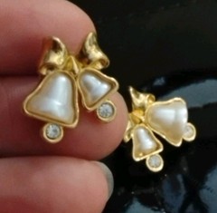 Vintage AVON Golden Bells w/Rhinestones, Bow, and Faux Pearly .75″ Earrings!
