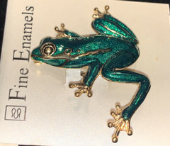Gold Tone Emerald Green Enamel Frog Pin Fashion Brooch by Fine Enamels