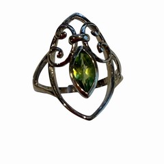 Sterling Silver 925 Filigree Ring Green Marquise Stone Vintage Style Sz 7.5