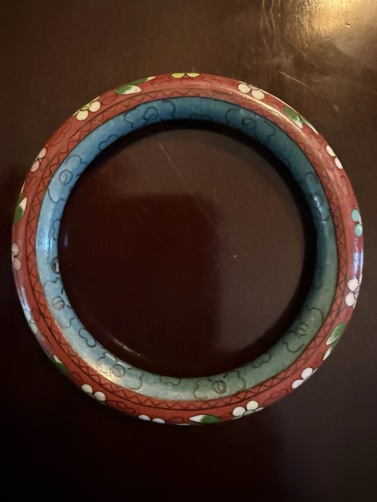 Vintage Cloisonne Bracelet with Red Green White Flowers Design
