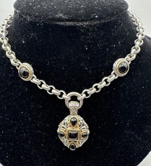Vintage Brighton Necklace Silver/Gold Tone Black Stones Chunky Link Estate 10”
