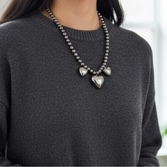 Vintage Triple Puffy Heart Charm Necklace Silver Tone Beaded