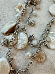 1990s y2k Pearl glass bead textured metal Modernist Necklace Layered long Unique