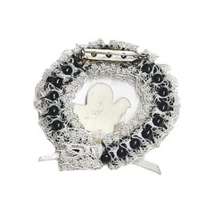 Vintage Handmade Amscan Ghost Round Wreath Pin Brooch Black & White Halloween