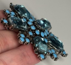Vintage Brooch Pot Metal Glass Acrylic Blue Rhinestones Flower Starburst