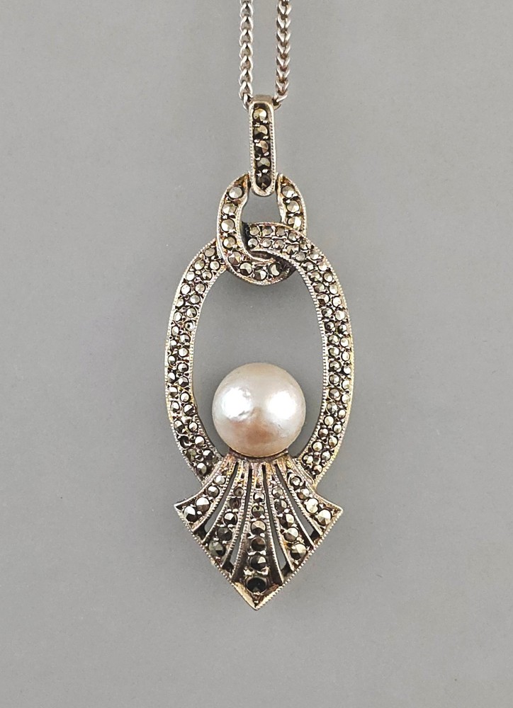 Silver Chain With Pendant, Markasite & Pearl Art Deco 835 925 L46cm