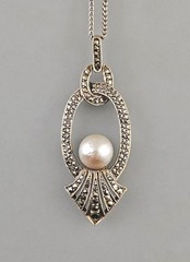 Silver Chain With Pendant, Markasite & Pearl Art Deco 835 925 L46cm