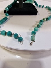 Vintage Polished Blue Stone Pendant Beaded Necklace 26″ in, Carved Sun, *111t