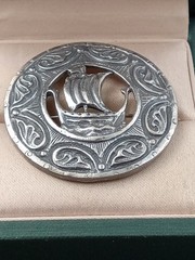 Antique 800 Silver Scottish Cloak Pin w. Viking Ship Theme: 1.5″ dia. & 15 grams