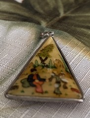 Vintage sterling hand-painted Persian mother-of-pearl 2″ pendant double sided