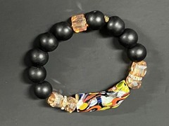 Vintage Carved Black and Multi Color Beads Stretchable Bracelet, Chinese Amulet