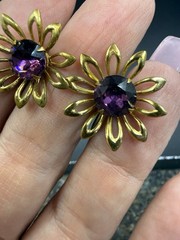 Vintage Rhinestone Screw Back Earrings Gold Tone Purple Stones