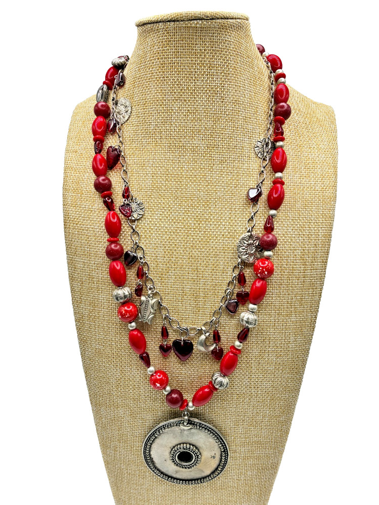 Vintage roxsann 2 strand Red Glass Heart/Charms Beaded Pendant Chunky Necklace