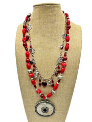 Vintage roxsann 2 strand Red Glass Heart/Charms Beaded Pendant Chunky Necklace