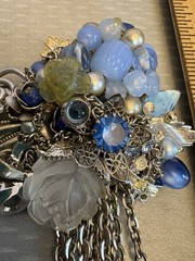 80s Vintage Signed Joe Gladish Brooch Glass Flower Beaded Rhinestone Chains 4.5″
