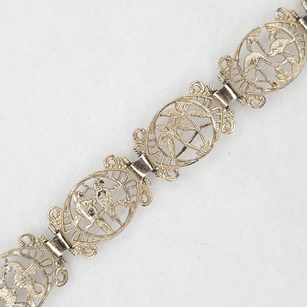 Vintage Germany Bracelet Tropical Seahorse Parrots Palm Trees Silver Tone 7″