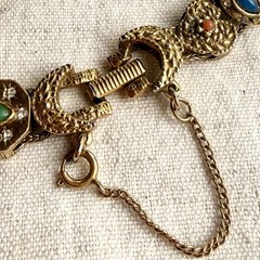 Vintage Goldette NY Victorian Revival Slide Charm Bracelet Safety Chain Signed