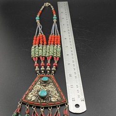 Old Tibetan Brass Handmade Traditional Unique Triangle Shaped Pendant Necklace