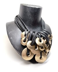 Gerda Lynggaard Monies Black Leather Fringe & Gold Wood Rings Necklace