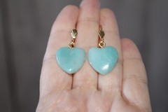 Vintage Carved Heart Larimar Lever back Earrings in 14K GF