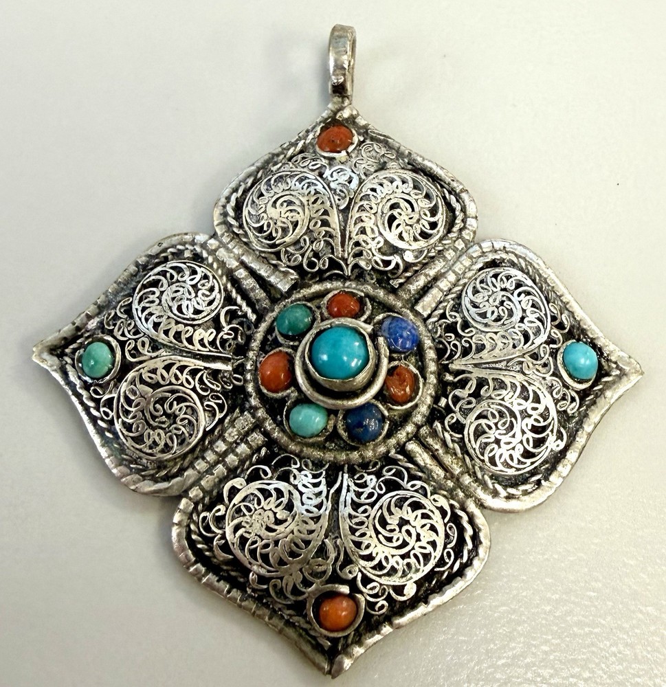 Vintage Nepal Filigree Pendant Turquoise Coral Lapis Silver Tone Boho Ethnic