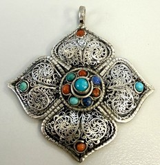 Vintage Nepal Filigree Pendant Turquoise Coral Lapis Silver Tone Boho Ethnic