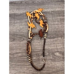 Vintage 70s Wooden Elephant Necklace Multi Strand Coconut Shell Bead Boho Brown