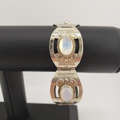 VTG Alpaca Silvertone Bracelet White Glass Cabochons Wide Links Made In Mexico