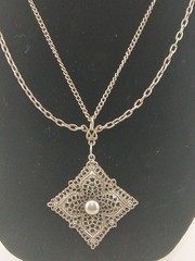 1960 CELEBRITY antiqued silver-tone 2 chains floral filigree pendant necklace