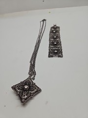 Vintage CELIBRITY NY silver Filligree Double Chain & Bracelet Set 28& 8.5 in