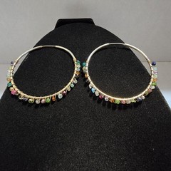 Large Vintage Sterling Silver with Gemstone Wire Wrap Hoop Earrings 2.05″