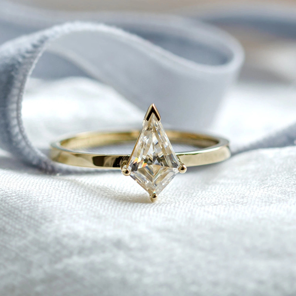1.00CT Kite Cut White Moissanite With Pure 10K Yellow Gold FN Women Wedding Ring
