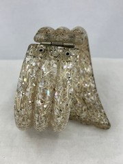 Vintage Lucite Confetti Bracelet Gold White Wide Bypass Clamper