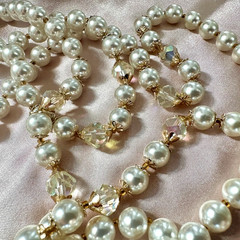 Vintage 56″ Long Faux Pearl AB Crystal Rope Necklace Gold Tone Aurora Borealis