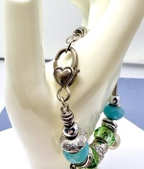 Vintage Charm Bracelet Silver Toned Glass Beads Metal Dangle Charms Blue Green