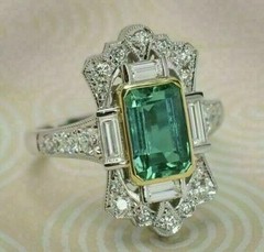 Vintage Art Deco Emerald Lab-Created Diamond Proposal 14K White Gold Finish Ring