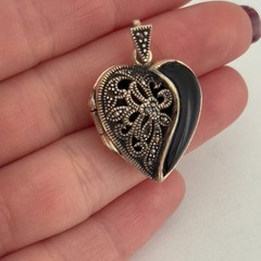 Vintage Sterling Silver Black Onyx Marcasite Floral Puffy Heart Locket Pendant