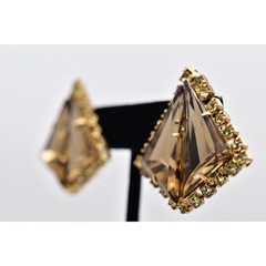 Vintage Crystal Clip On Earrings Pyramid Brown Gold Chunky Signed 1960s BinBF