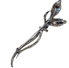 Silver Tone Brooch Onyx Color Stones 3.5 Inches 2 Twist Flower Buds Art Nouveau