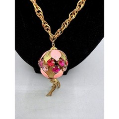 Vintage Gold Tone Orb Pendant Necklace Pink Enamel Rhinestone Tassel 28 Inch