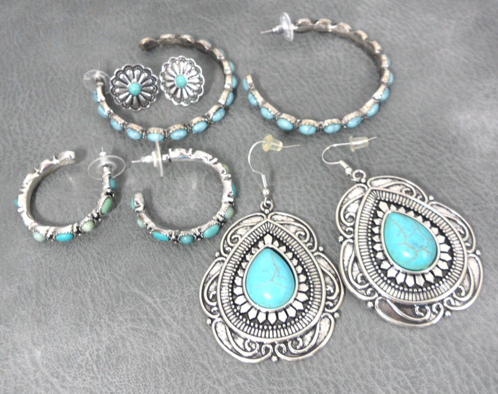 Southwestern Earrings Lot Chaps Concho Cabochon Hoops Teardrop Faux Turquoise