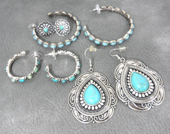 Southwestern Earrings Lot Chaps Concho Cabochon Hoops Teardrop Faux Turquoise