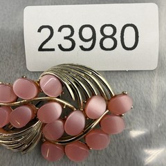 Vintage Thermoset Brooch Pink Moon Glow Gold Tone Spring Summer