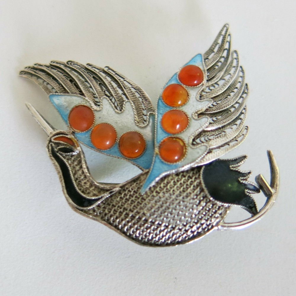 Sterling Silver Sea Bird Brooch Enamel with 7 Orange Stones 5.1g [6328]